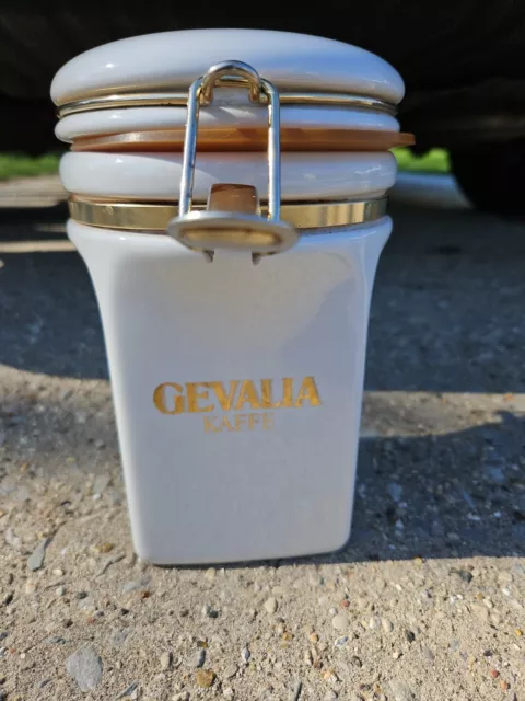 Gevalia Kaffe Canister Storage Jar White Ceramic Gold Toned Coffee Holder