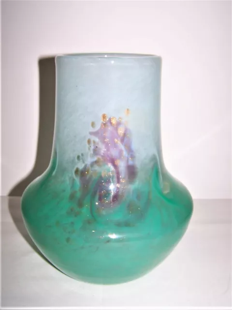 Large Monart Turquoise Light Blue Glass Vase with Lilac Swirls & Gold Aventurine