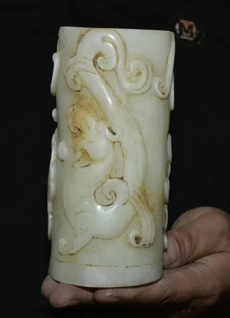 5.6" Old Chinese White Jade Carving Dynasty Dragon Pi Xiu Brush pot Statue