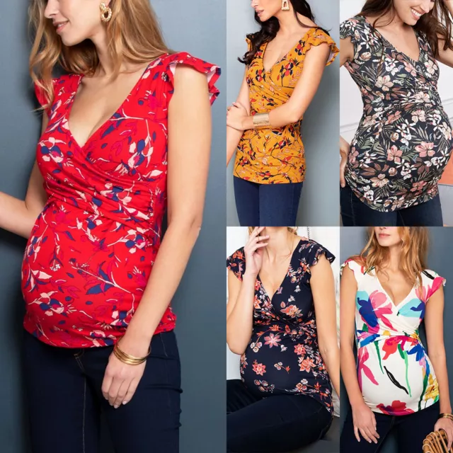 Women Maternity Pregnant T-Shirt Breastfeeding Nursing Short Sleeve Tee Tops US 3