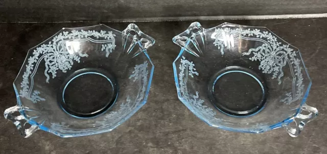 Lot Of 2 FOSTORIA GLASS JUNE AZURE BLUE Etched Ribbon 6.25” Dia BOW-HANDLED Bowl