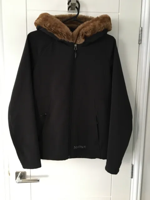 Marmot Womens Soft Shell Jacket Faux Fur Hood Full Zip Size M Black.