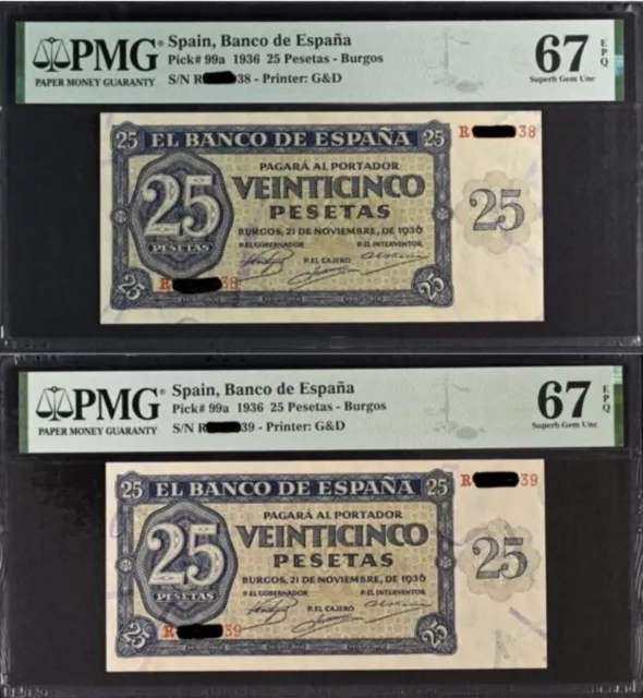 Pareja Billetes Correlativos 25 pesetas 1936 PMG 67 / 67 Serie R