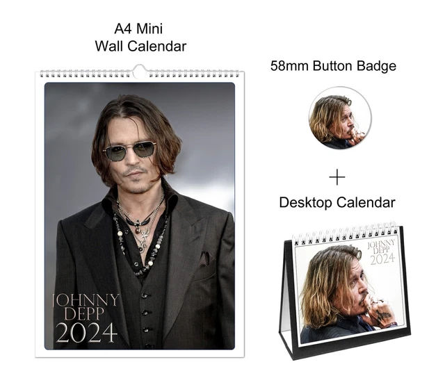 JOHNNY DEPP 2024 A4 Wall + Desktop Calendar + Pin Button Badge 19.99