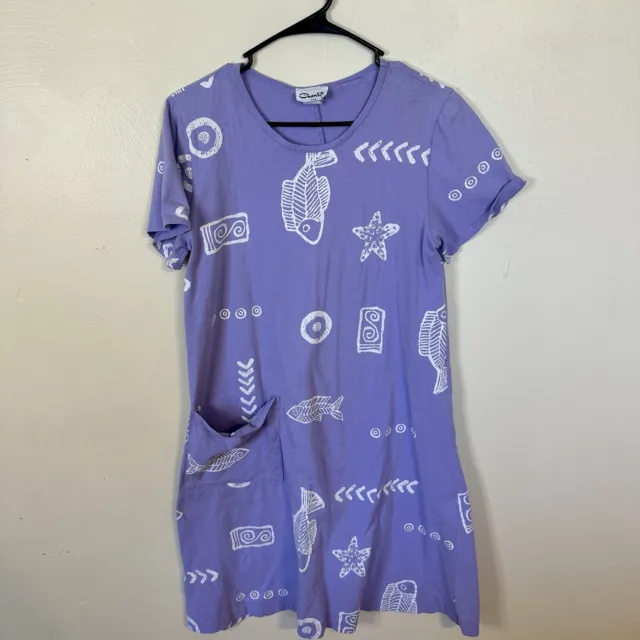 Vintage Chantilly Womens 100% Cotton Beach Dress Short Sleeve Purple Mini Pocket