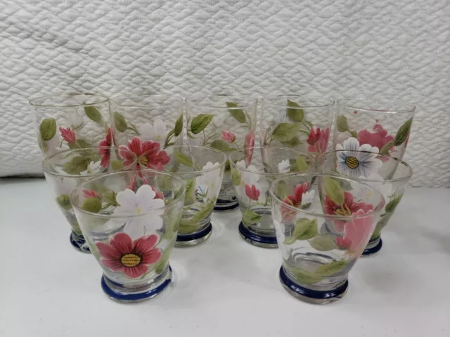 Set of 11 - Hand-painted Glass Juice Drinking Glasses with a Flower Garden Motif