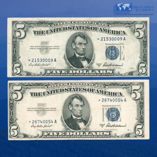 Fr.1656* Lot 2 Pcs 1953A $5 Dollars Silver Certificate, Star Notes #0009