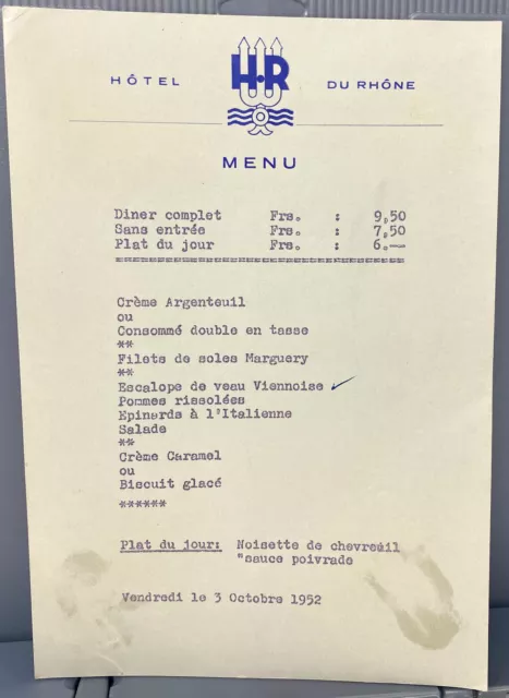 Original Vintage 1952 Hôtel du Rhône Restaurant Menu Sion Hotel Switzerland 2