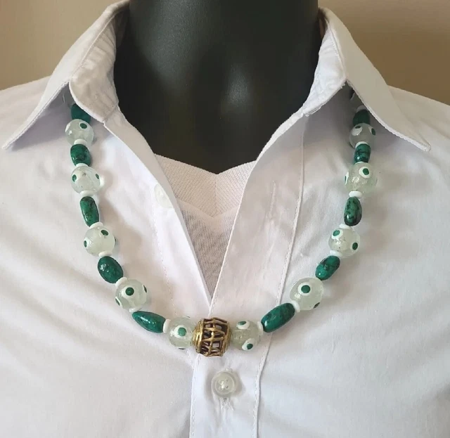 Men's 24in African Beaded Necklace, African Jasper, Krobo,Brass Bead