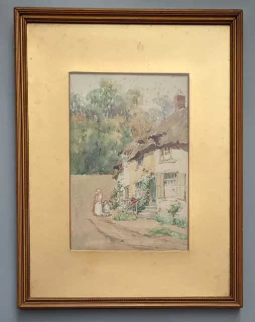 Acquerello originale firmato e incorniciato fine XIX secolo di un cottage di paglia