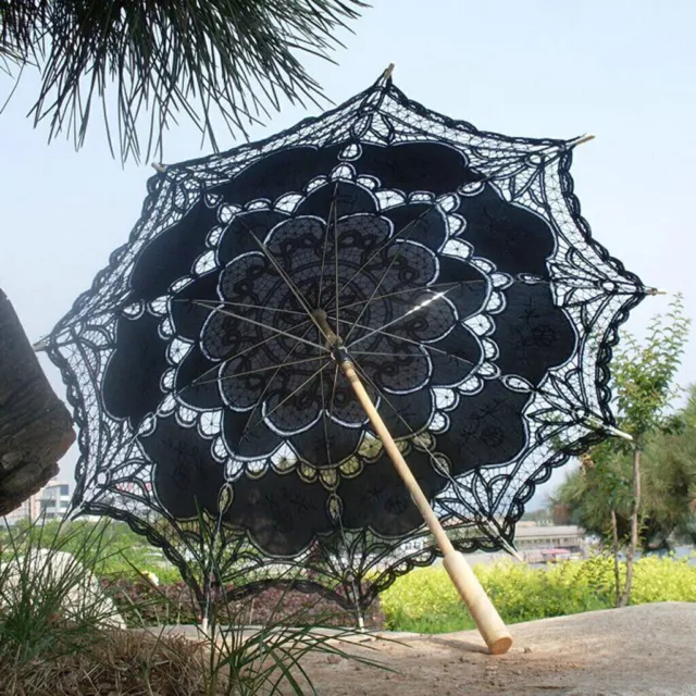 Embroidered Lace Cotton Embroidery Black Parasol Sun Umbrella for Bridal Wedding