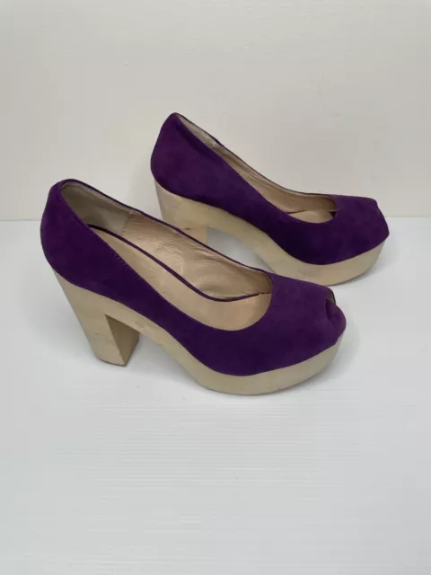 GORMAN PURPLE SUEDE Leather Sienna Peep Toe Wooden Heels Size 39 $44.95 ...