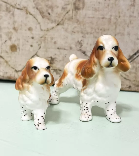 Vintage English Springer Spaniel Dogs Mom & Puppy Miniature Bone China Set of 2