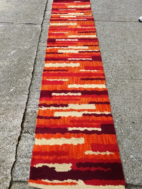 60er Tappeto Di Rug 340 x 68 Vintage Passatoia Space Age Op Arte Rosso 70er E11