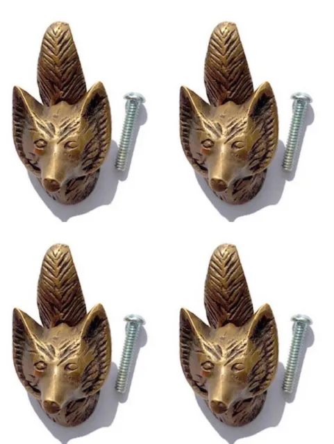4 small FOX old heavy front cupbard knobs SOLID BRASS vintage antique style B