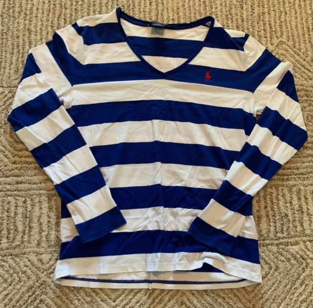 Ralph LAUREN Womens Large Long Sleeve Blue & White Stripe V-Neck T Shirt. READ