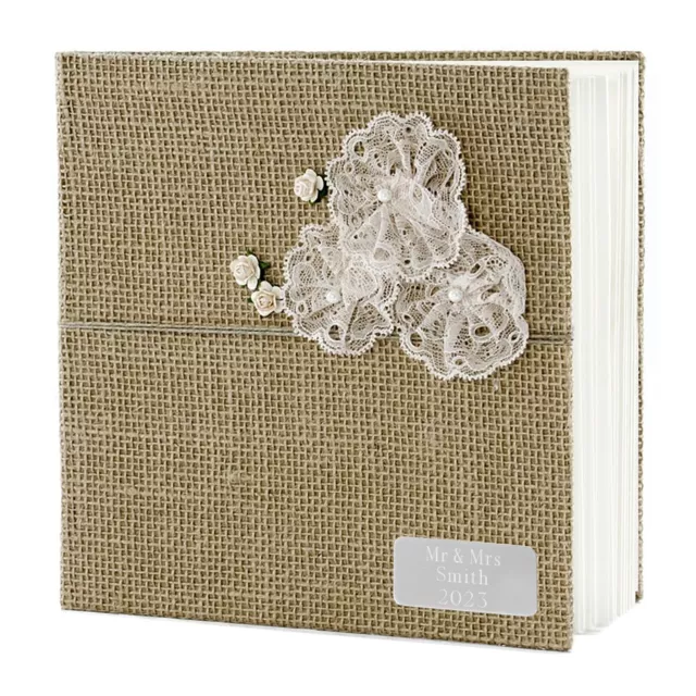Personalised with Engraved Message, Contemporary Hessian Burlap Lace Guest Book