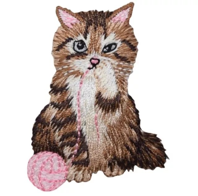 Kitty Cat Applique Patch - Pink Yarn, Brown Kitten 2-3/8" (Iron on)