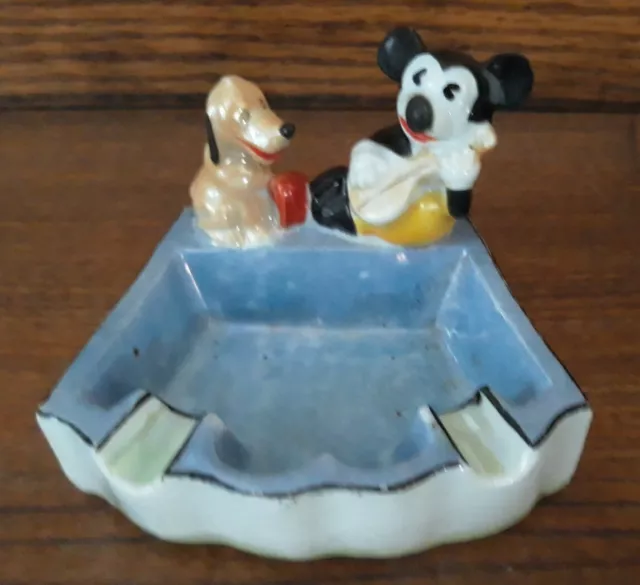 Vintage 1930s Mickey Mouse Pluto Porcelain Ashtray Japan Walt E Disney