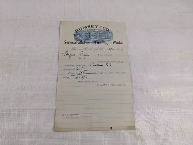 1877 Seneca Falls Pump Fire Engine Works Antique Letterhead Letter Paper