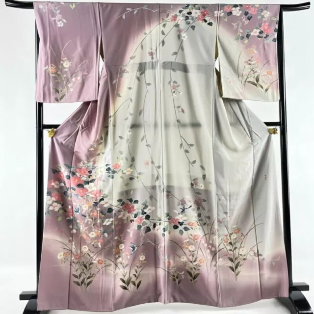 Woman Japanese Kimono Houmongi Silk Bird Flower Blur Light Purple