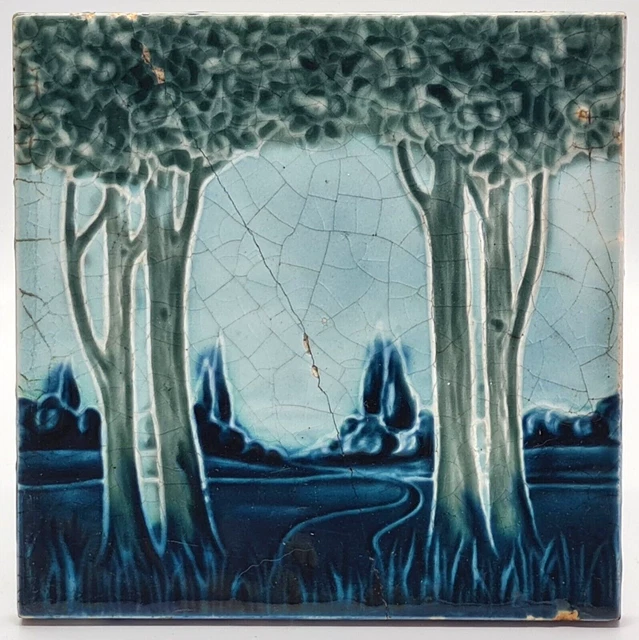 Art Nouveau Fireplace Tile Landscape Majolica Henry Richards C1905 AE3