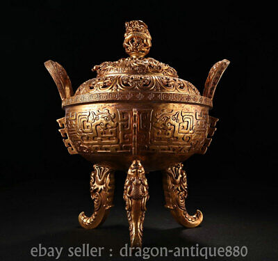 9.2" Old Chinese Purple Bronze Gilt Dragon beast Smoked Incense Burner Censer