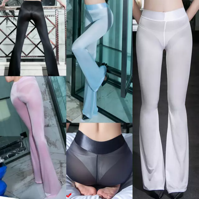 WOMEN SHINY SILKY Pants Flared Trousers Sheer Skinny Sexy Legging Yoga  Fitness £10.79 - PicClick UK