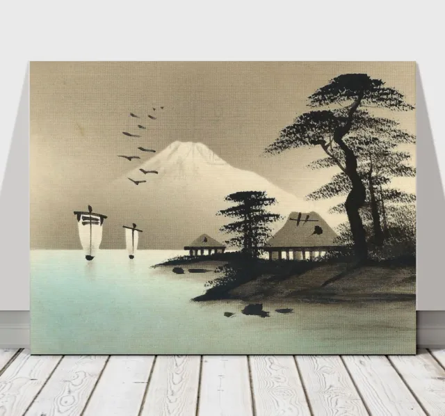 Japanese Houses, Ships, Mountain, Trees & Birds - CANVAS ART PRINT POSTER -10x8"