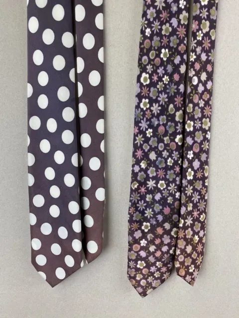 Vintage 2 x Bulk Lot Skinny Slim Ties Purple Floral Print Polka Dots