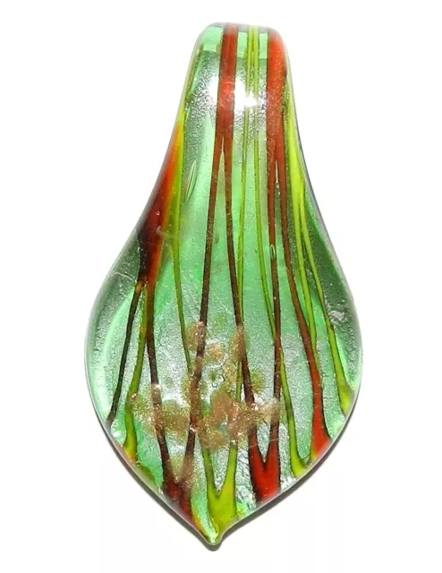 P2061 Green w Silver & Gold 60mm Pointed Spoon Drop Lampwork Glass Pendant