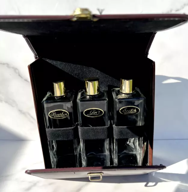 Vintage Travel Bar Case w/ Crest and Gin, Scotch and Bourbon Glass Bottles