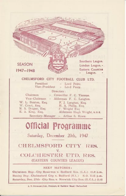 Chelmsford City v Colchester United (Eastern Counties League) 1947/1948