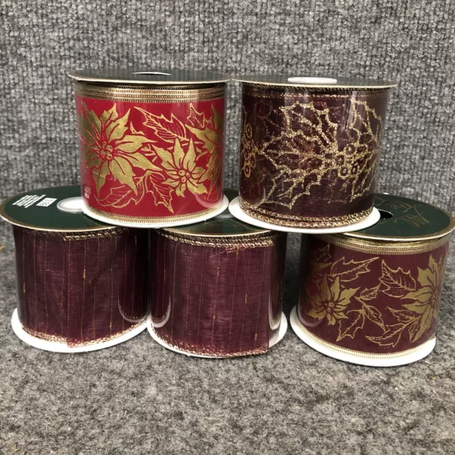 Lot Of 5 Vintage 2 1/2” Wired Christmas Ribbons Burgundy Red & Metallic Gold New