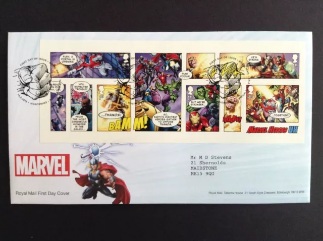 GB QEII 2019 Marvel M/Sheet on Typed Address First Day Cover Tallents House SHS