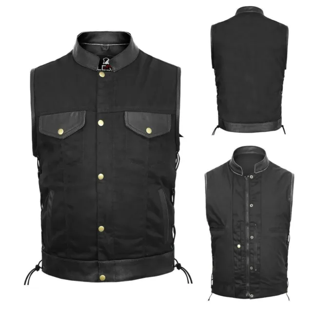 Mens Biker Style Denim Club Vest Side Lace Waistcoat With Real Leather Trim