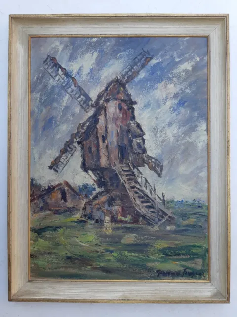 Ancien tableau MOULIN à VENT - LILLE, ROUBAIX, NORD - peinture Germaine FRANCOZ