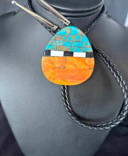 Mens Turquoise & Orange Spiny Oyster Sterling Silver Bolo Tie 14630