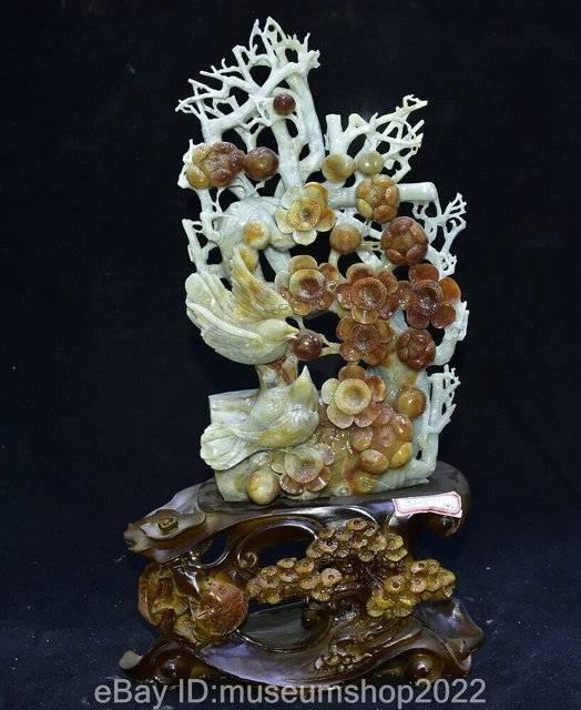 18.4 " Chinese Xiu Jade Carving Fengshui Flower Bird Statue Sculpture