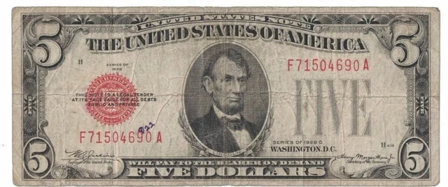 1928 C US $5 Five Dollar Legal Tender FA Block Red Seal Bank Note HC71504690