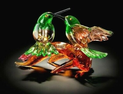 Colibri Scultura in Vetro di Murano sopramobile Figura 4 colibri su tronco centrotavola 