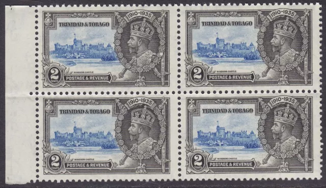 TRINIDAD & TOBAGO 1935 KGV SG239 2c SILVER JUBILEE MARGINAL BLOCK OF FOUR MNH