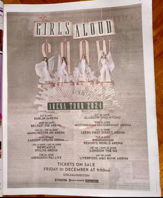 Girls Aloud Cheryl Cole Arena Tour Dates Ad 2024 Newspaper Advert Poster 14x11”