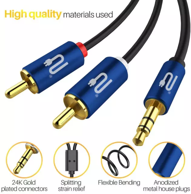 1M Meter Stereo 3.5mm Jack Plug to TWIN 2 x RCA PHONO Audio OFC GOLD Cable 3