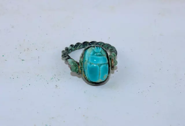 Rare Ancient Egyptian Pharaonic Copper Ring With Turquoise Stone Scarab Amulet