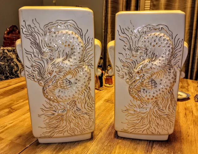 Matching Handpainted, Porcelain, Gold Accented Dragon Vases/Planters