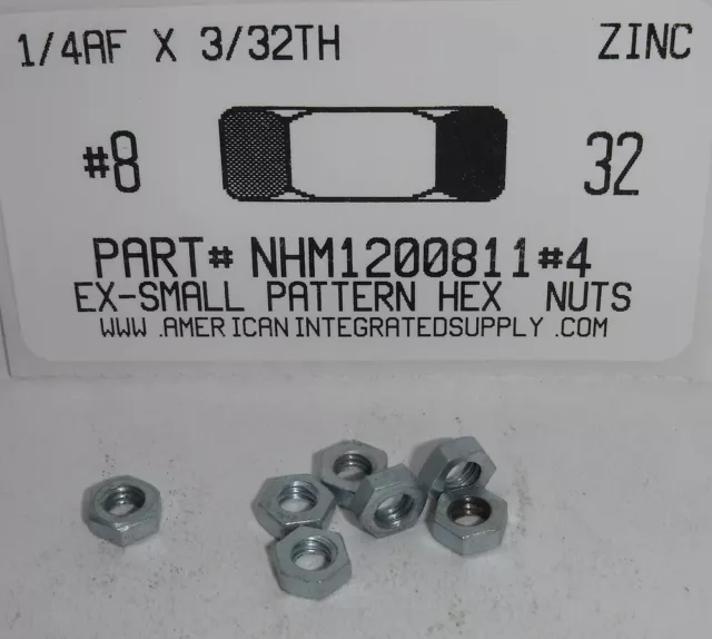 #8-32 Ex-Small Pattern Hex Machine Screw Nuts Steel Zinc Plated 1/4X3/32 (100)