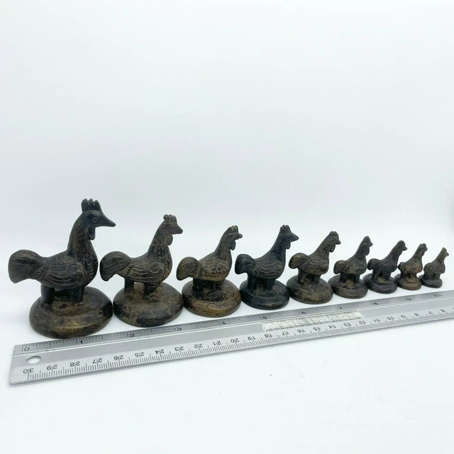 Superb Old Bronze Opium Weight Set 9 Chicken Weights 6