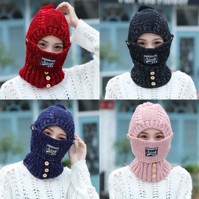 Mädchen Gesichtsschutz Wollmützen-Set für Damen Strickmütze Hut-Schal-Set