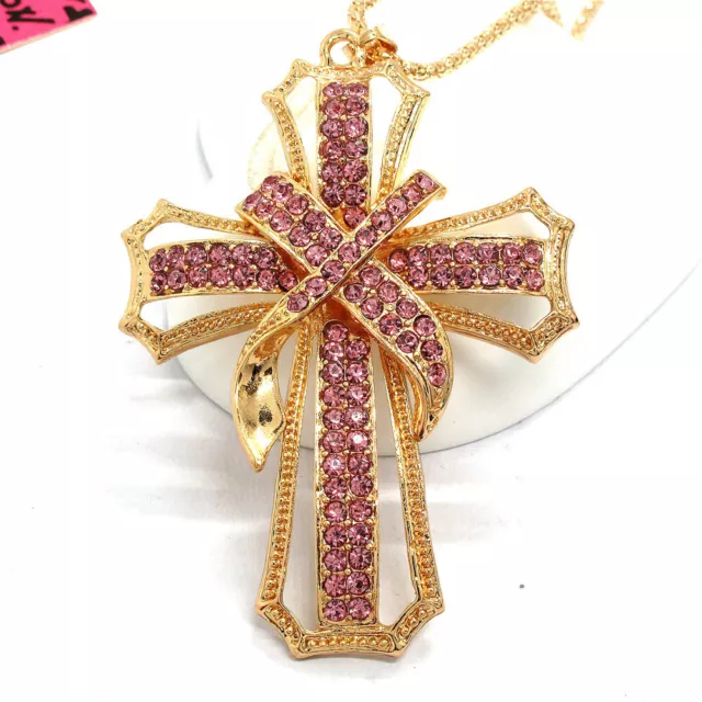 New Betsey Johnson Pink Rhinestone Cross Bling Crystal Pendant Chain Necklace